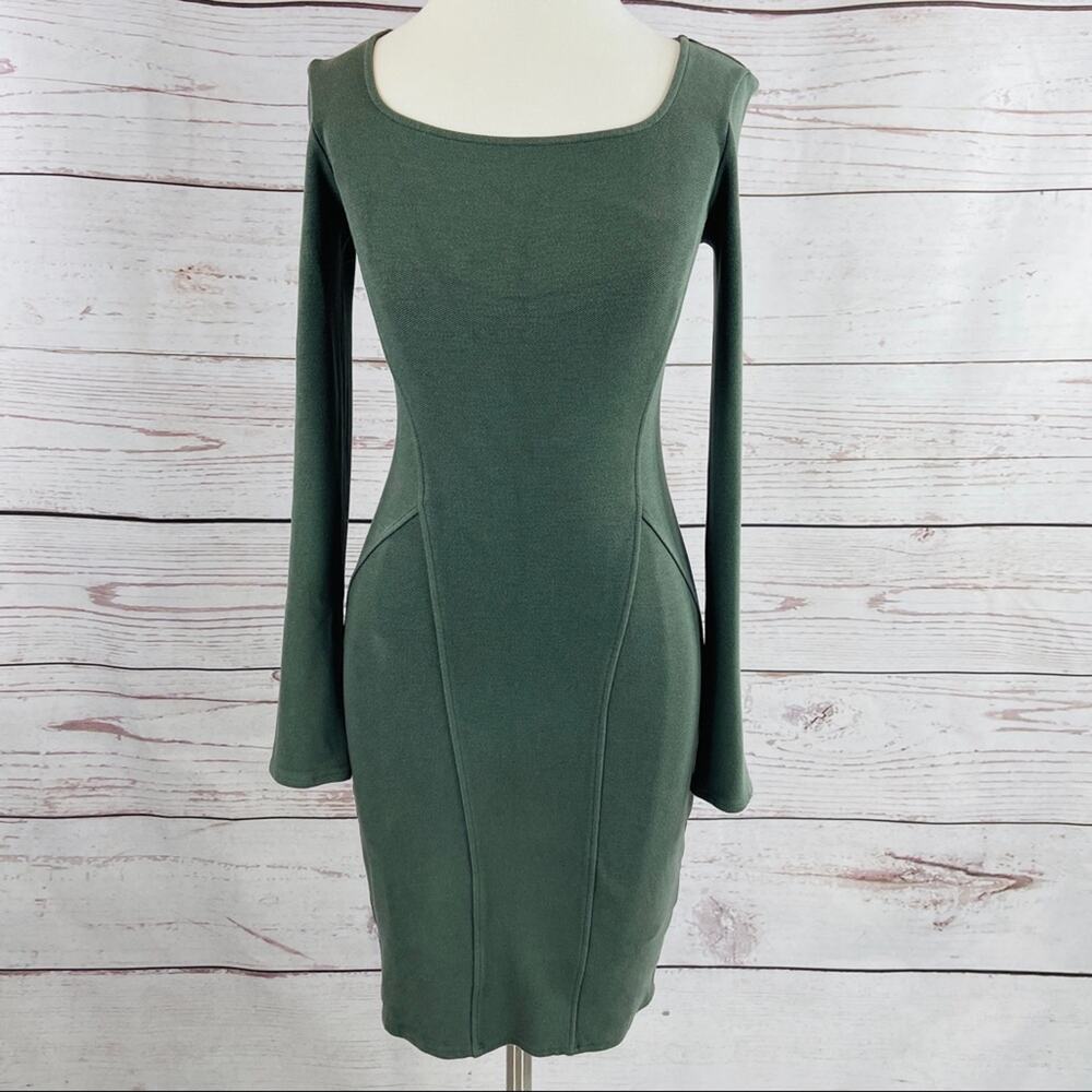 Helmut Lang green khaki long sleeve open back waist dress